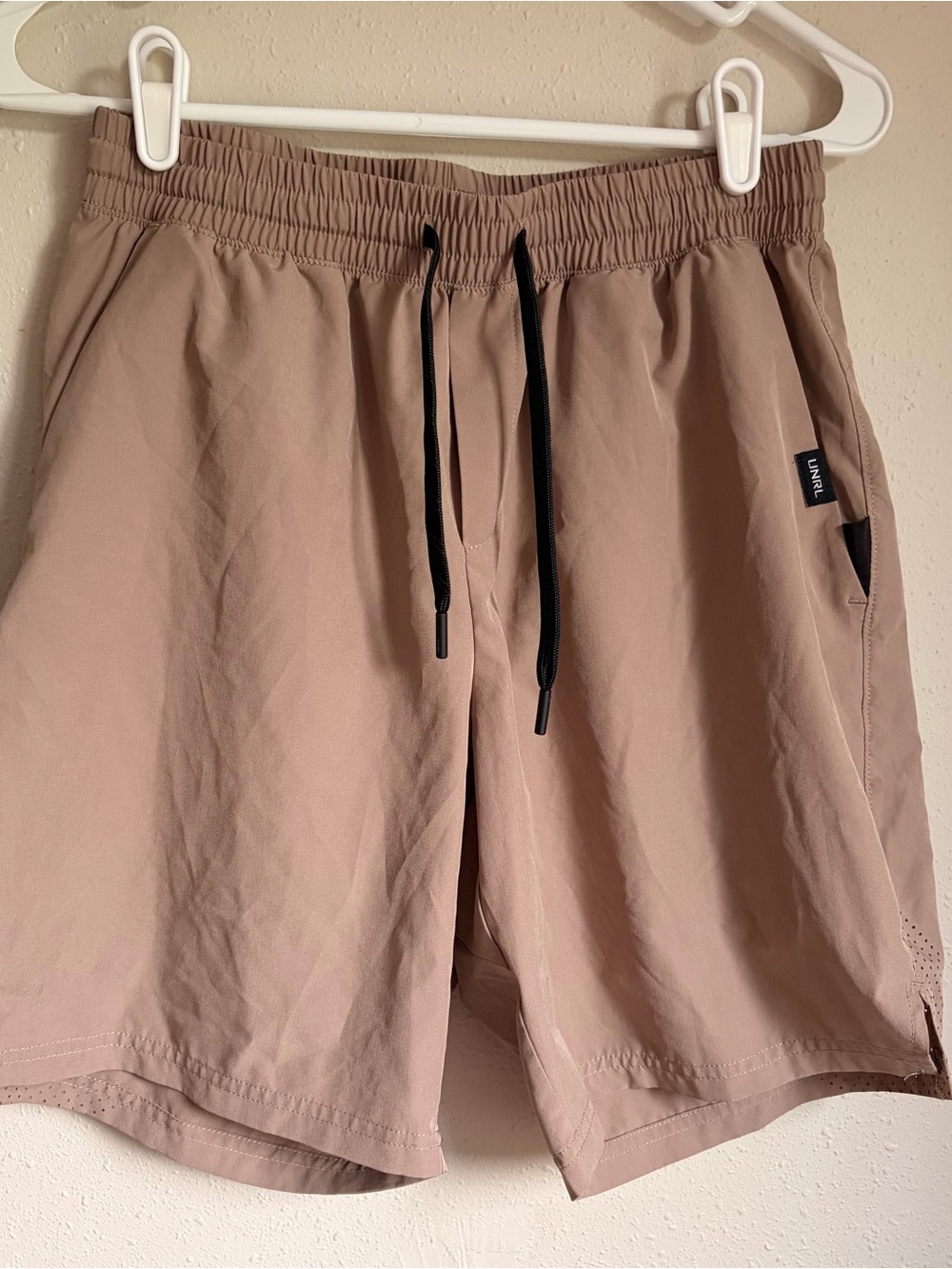 UNRL Men's Khaki Athletic Shorts with Black Drawstring